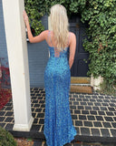 Blue Tassel Sequins Spaghetti Straps Sheath Split Long Prom Dress