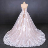 Puffy Strapless Tulle Wedding Dress With Lace Appliques, Long Train Lace Up Bridal Dress N2300
