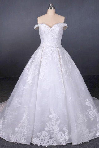 Ball Gown Off Shoulder Appliques Wedding Dresses, Puffy Lace Appliqued Bridal Dress N2352