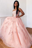 Pink Appliques Beading A-Line Tulle Popular Formal Dress Long Prom Dress
