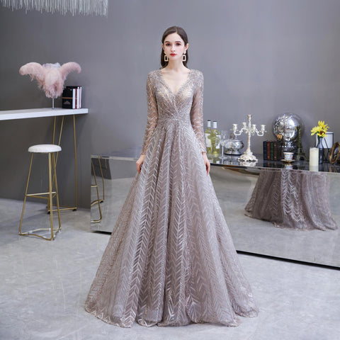 Embroidery Beaded Long Sleeve Sequins Lace Long Evening Gowns