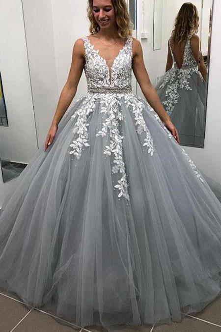 V-Neck Appliques Lace Tulle A-Line Formal Evening Dress School Party Gown Long Prom Dress