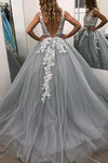 V-Neck Appliques Lace Tulle A-Line Formal Evening Dress School Party Gown Long Prom Dress
