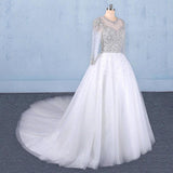Puffy Long Sleeves Tulle White Wedding Dress Shiny Long Bridal Dress N2345