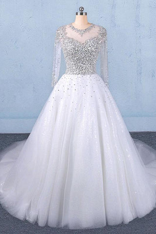 Puffy Long Sleeves Tulle White Wedding Dress, Shiny Long Bridal Dresses N2345