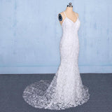 Elegant V Neck Lace Wedding Dress, Mermaid Backless Lace Bridal Dress N2348