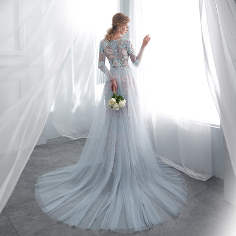 Long Sleeves Hand-Made Flower Ruffles A-line Train Chiffon Wedding Dresses