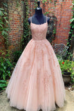 Pink A LineTulle Lace Appliques Long Prom Dress With Straps