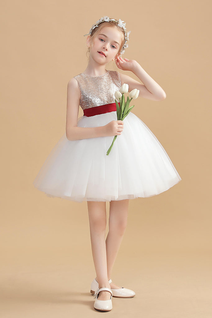 Gold Sequins Short Flower Girl Dress With White Tulle FL0012