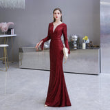 Long Sleeves V-neck Sheath Sequins Long Evening Gowns