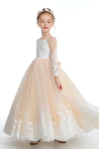 Long Champagne Tulle Flower Girl Dress With Pearls FL0013