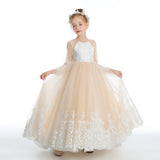 Long Champagne Tulle Flower Girl Dress With Pearls FL0013
