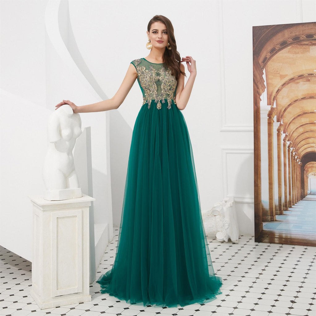 Sleeveless A-line Embroidery Beaded Chiffon Sequins Prom Dresses