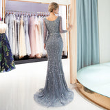 V-neck Long Sleeves Train Mermaid Sequins Chiffon Beaded Prom Dresses