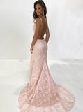 Lace Amazing Pearl Pink V-Neck Mermaid Long Backless Prom Dres