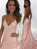 Lace Amazing Pearl Pink V-Neck Mermaid Long Backless Prom Dres