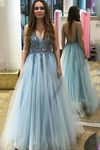 A-Line V-Back V-Neck Beading Blue Tulle School Dance Dress Long Prom Dress