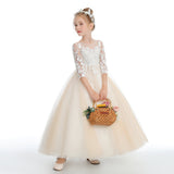 Champagne Half Sleeves Floor Length Tulle Flower Girl Dress With Lace FL0014