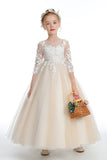 Champagne Half Sleeves Floor Length Tulle Flower Girl Dress With Lace FL0014
