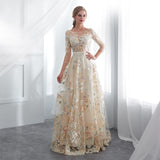 Long Sleeves Embroidery Beaded Ruffles A-line Chiffon Prom Dresses