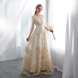 Long Sleeves Embroidery Beaded Ruffles A-line Chiffon Prom Dresses