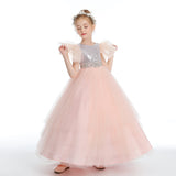 Sequins Pink Ruffles Silver Tulle Flower Girl Dress With Beading FL0015