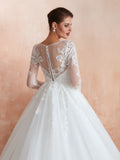 Long-sleeved Jewel Embroidered Flower Lace Tulle Wedding Dress