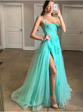 Turquoise Spaghetti Straps Backless Evening Dress Split Appliqued Long Prom Dress