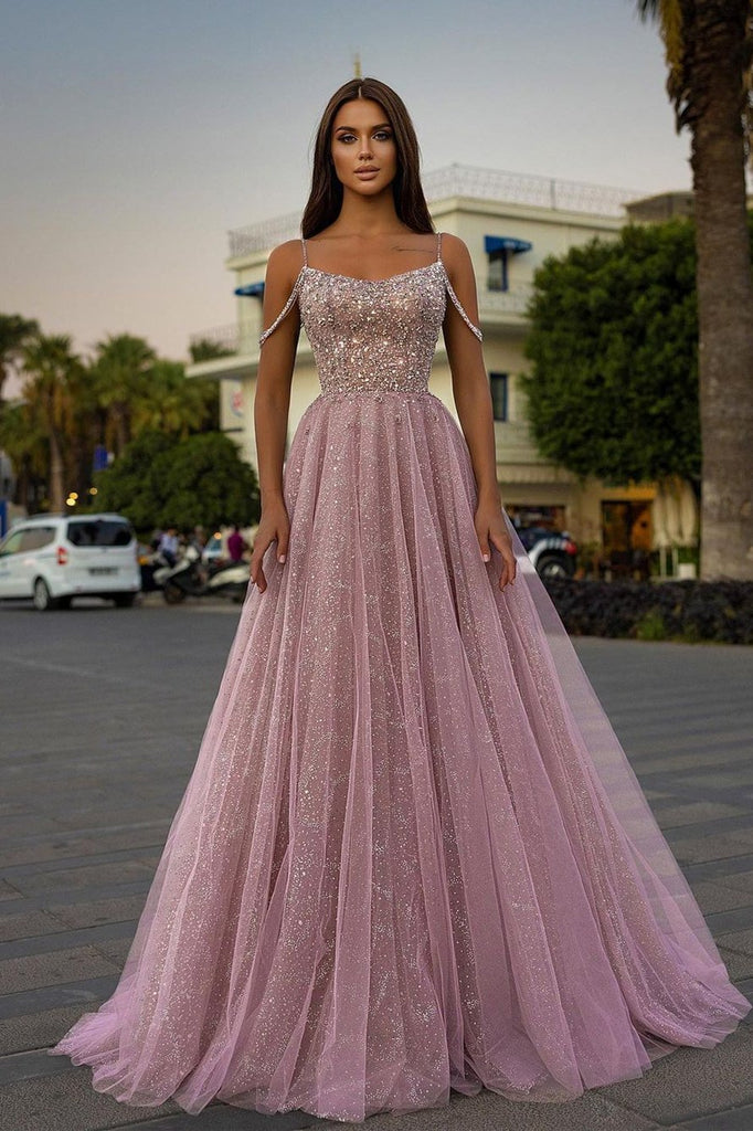 Pink Tulle A-Line Spaghetti-Straps Long Prom Dress With Sequins Beads PD0700