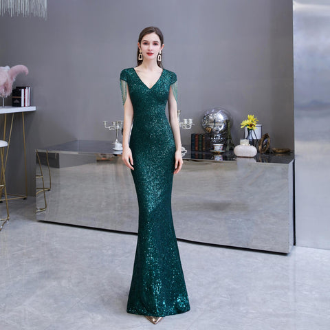 Cap Sleeve Beaded V-neck Sheath Sequins Long Evening Gowns