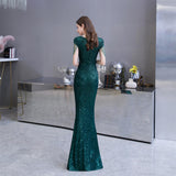Cap Sleeve Beaded V-neck Sheath Sequins Long Evening Gowns