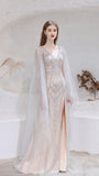 Illusion V-neck Train Sequins A-line Chiffon Beaded Prom Dresses