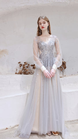 Long sleeve A-line Sequins Chiffon Beaded Prom Dresses