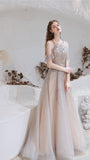 Spaghetti Straps A-line Sequins Chiffon Beaded Long Prom Dresses