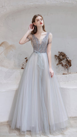 Illusion sleeve V-neck A-line Sequins Chiffon Beaded Prom Dresses