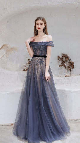 Off-the-shoulder A-line Sequins Chiffon Beaded Prom Dresses