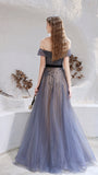 Off-the-shoulder A-line Sequins Chiffon Beaded Prom Dresses