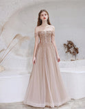 Off-the-shoulder A-line Sequins Chiffon Beaded Long Prom Dresses