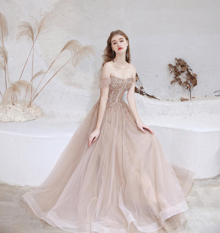 Off-the-shoulder A-line Sequins Chiffon Beaded Long Prom Dresses