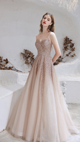 Sleeveless Strapless Sequins A-line Chiffon Beaded Prom Dresses