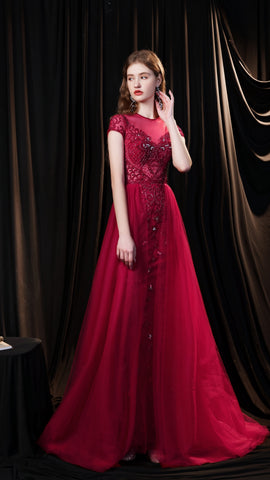 Cap Sleeves Train Sequins A-line Chiffon Beaded Prom Dresses