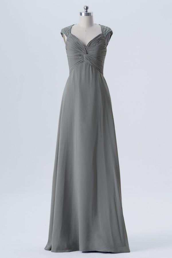 Steel Grey A Line Floor Length Sweetheart Capped Sleeve Lace Appliques Cheap Bridesmaid Dresses