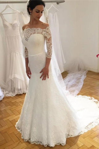 Elegant Off the Shoulder Lace Wedding Dress With 3/4 Sleeves, Mermaid Bridal Dress N2524