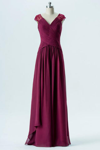 Burgundy A Line Floor Length V Neck Capped Sleeve Sheer Back Cheap Bridesmaid Dresses B159 - bohogown