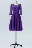 Royal Purple A Line Knee Length Sheer Neck 3/4 Sleeve V Back Cheap Bridesmaid Dresses