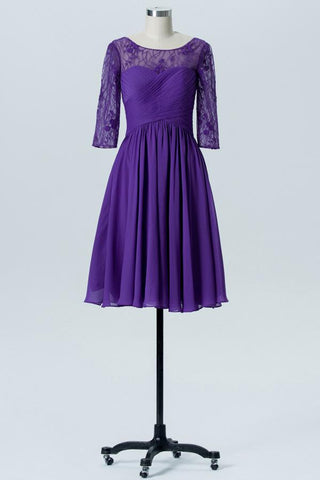 Royal Purple A Line Knee Length Sheer Neck 3/4 Sleeve V Back Cheap Bridesmaid Dresses