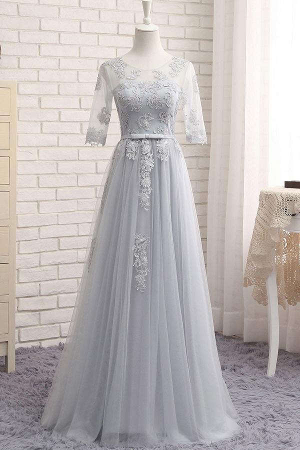 Gray A Line Sheer Neck Half Sleeve Appliques Cheap Bridesmaid Dress B252