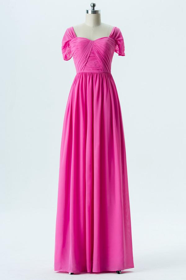 Pink Carnation A Line Floor Length Sweetheart Short Sleeve Cheap Bridesmaid Dresses