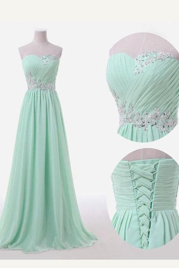 Green A Line Sweetehart Sleeveless Beading Long Bridesmaid Dress, Wedding Party Dress
