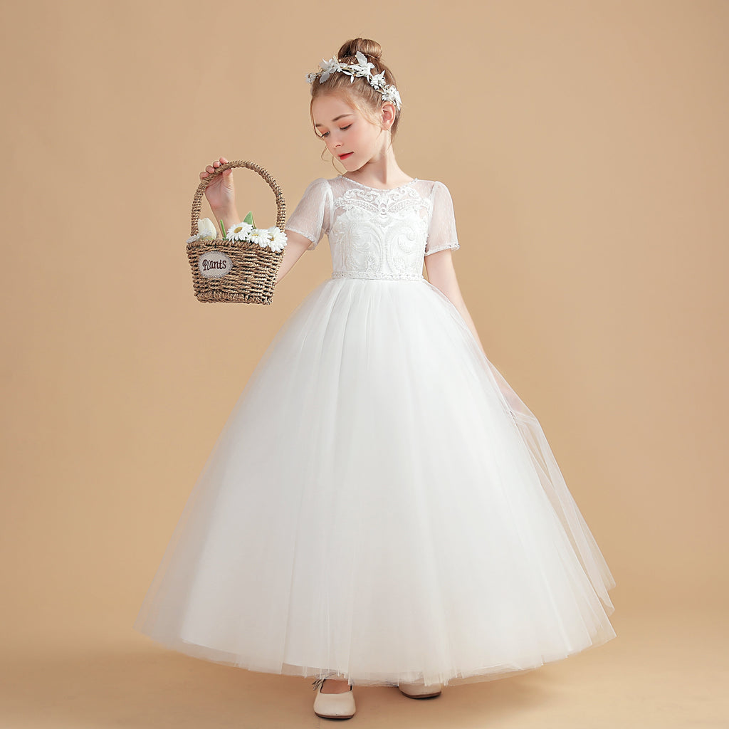 Ivory Tulle Short Sleeves Flower Girl Dress With Lace Appliques FL0001